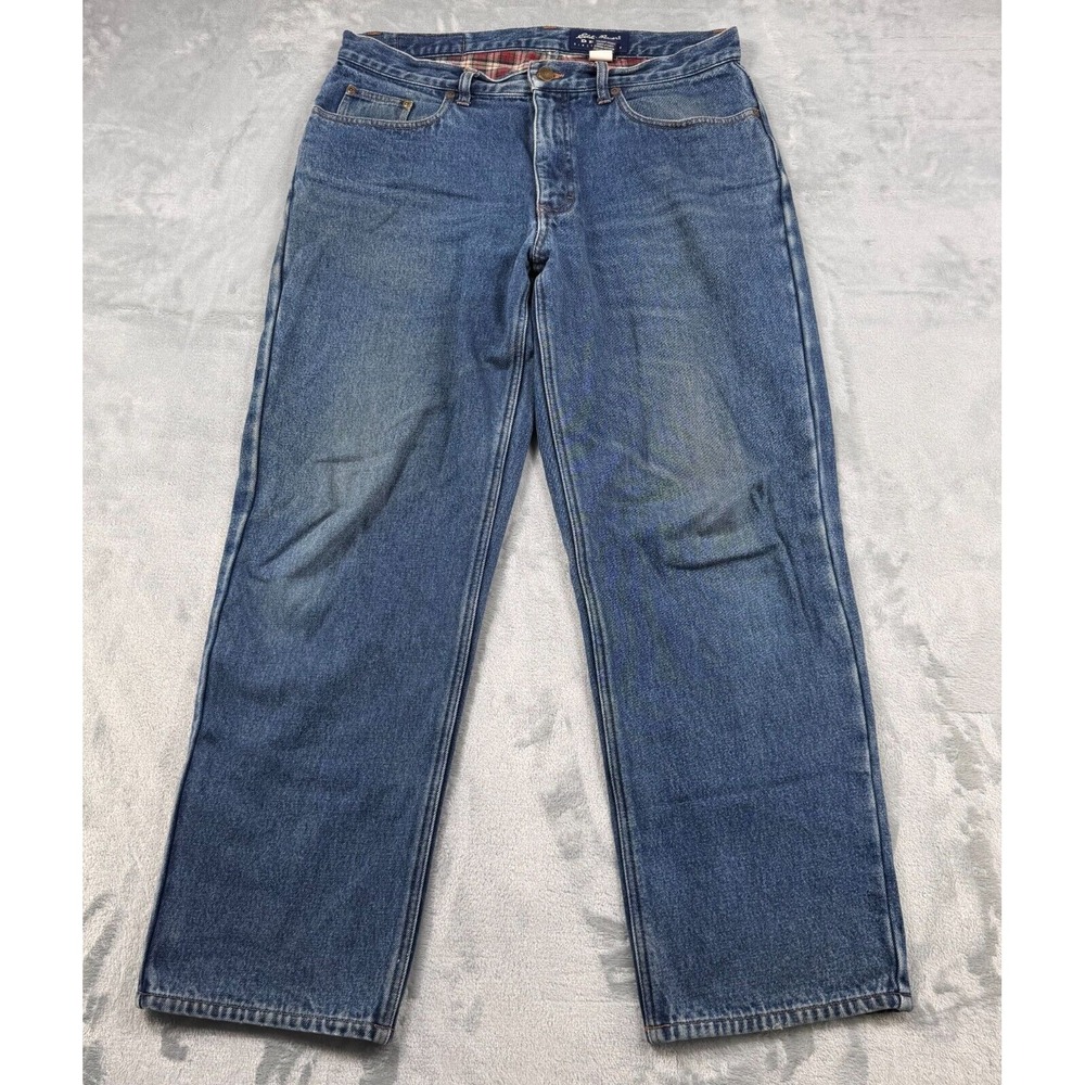 Eddie Bauer Denim Flannel Lined Jeans Men's 34x30 Blue Distressed 100% Cotton‎
